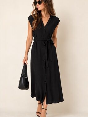 Zara Black Midi Dress XS Tie Waist Button Front Office Gallery Opening Dinner